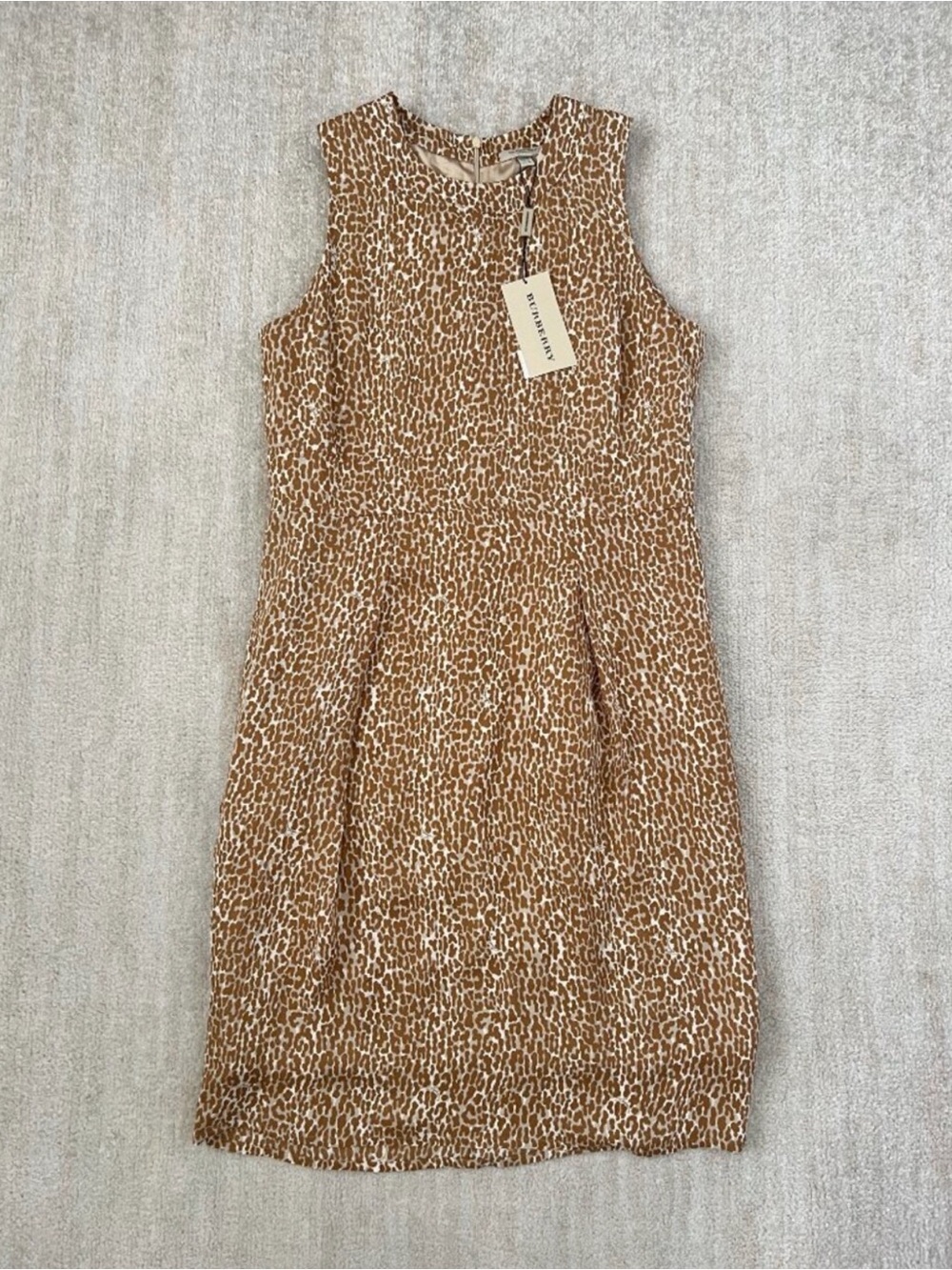 Burberry Tan & White Leopard Print Sleeveless Midi Dress